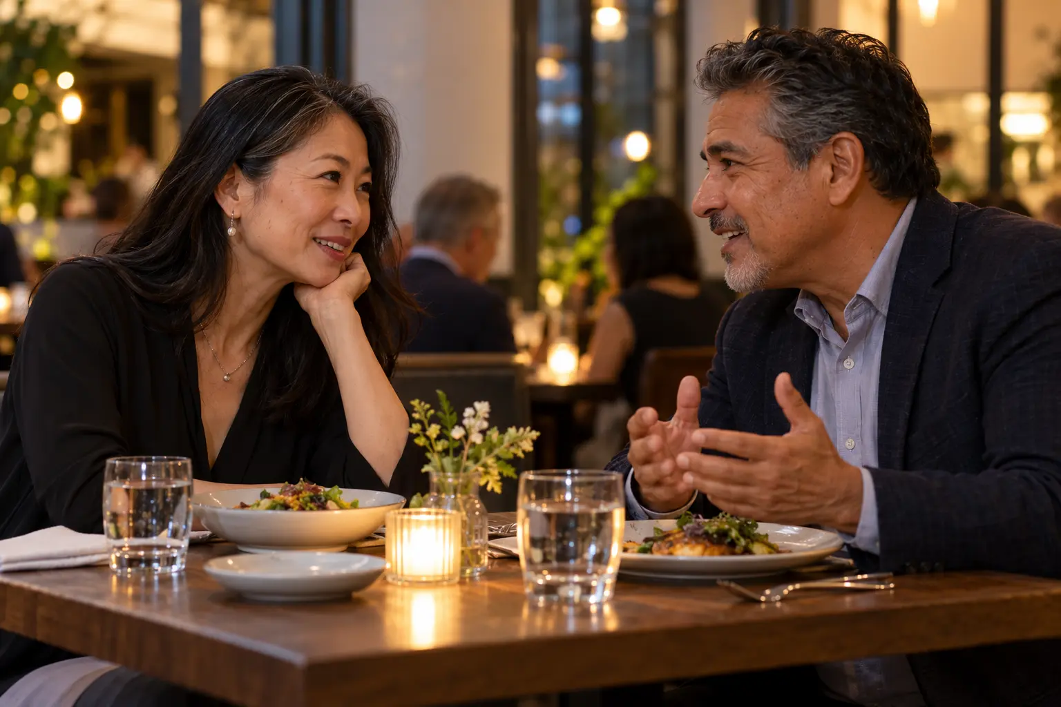 East Asian woman and Latino man in their 50s listening to each other at a restaurant table
