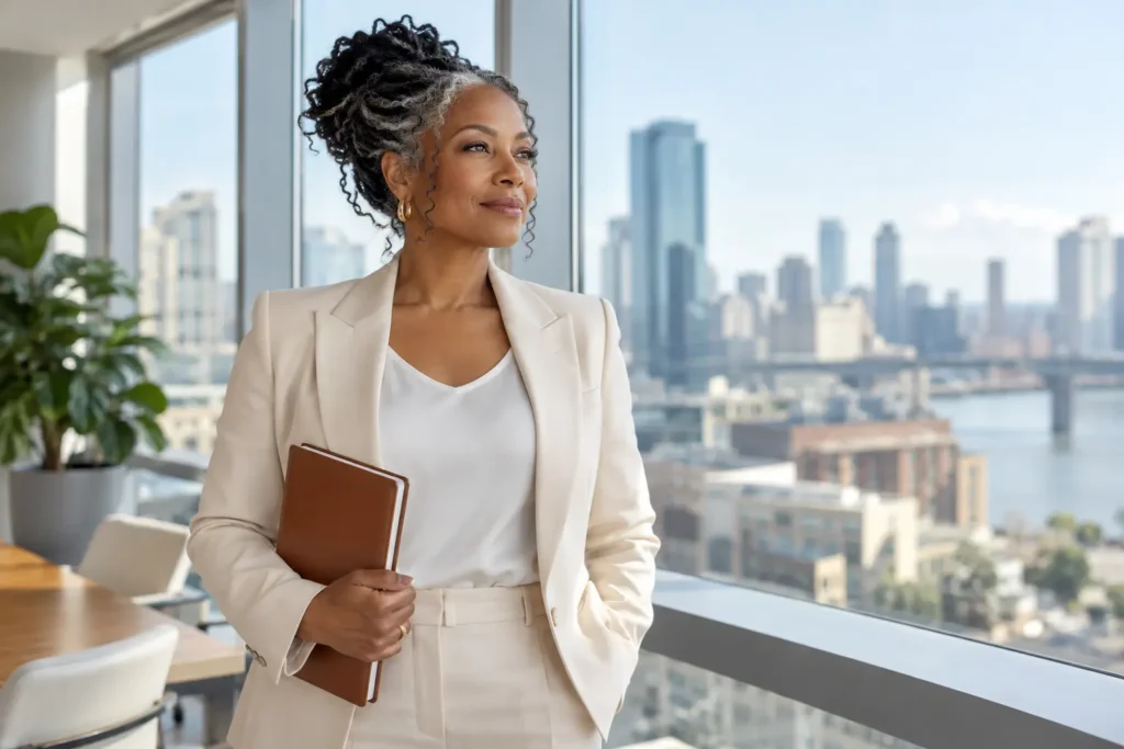 Black woman in her early 50s standing calmly by an office window with a notebook