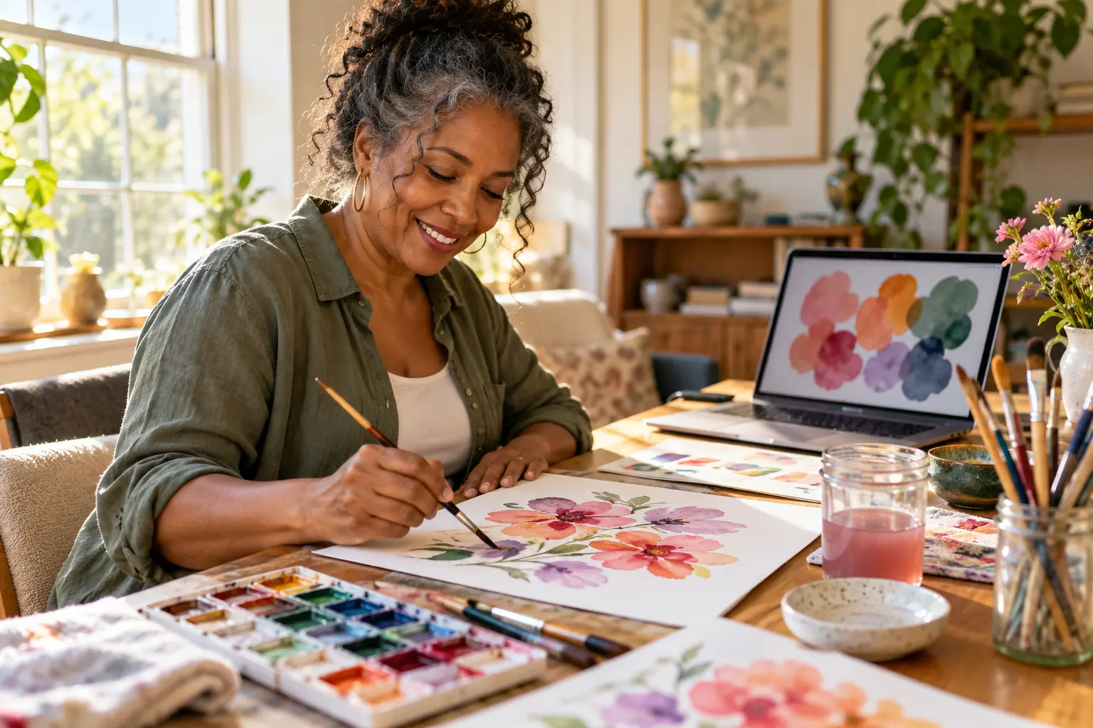 Black woman in her late 40s painting watercolour flowers beside a laptop