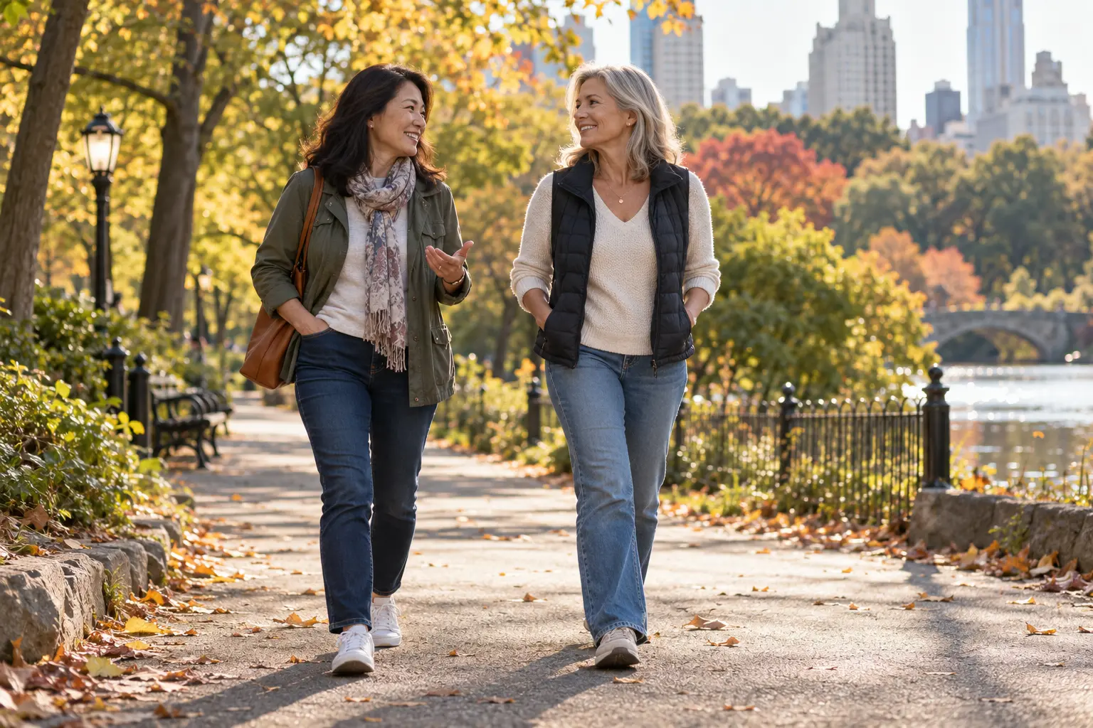 Two women in their 50s talking while walking together on an autumn park path