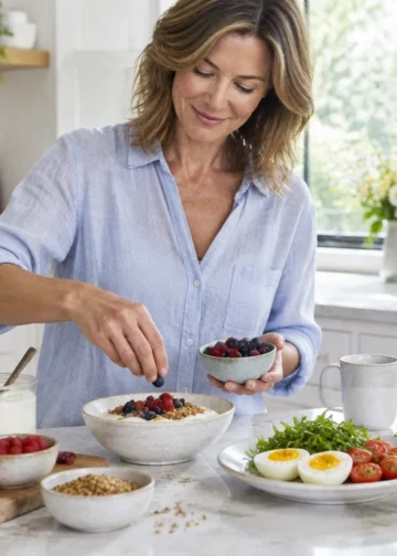Woman preparing breakfast with yogurt, berries, eggs and whole-grain bread.