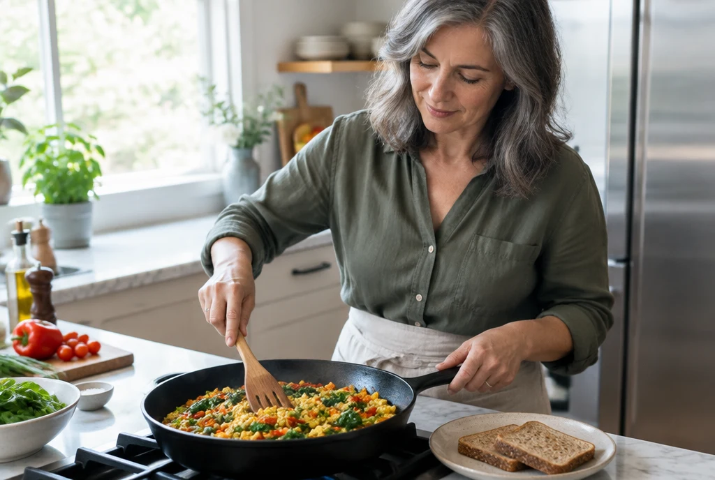 Woman making a tofu and vegetable scramble with whole-grain toast.