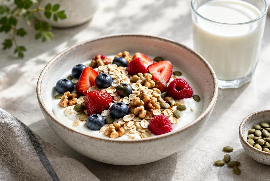 Greek yogurt topped with berries, oats, walnuts and seeds beside a glass of milk.