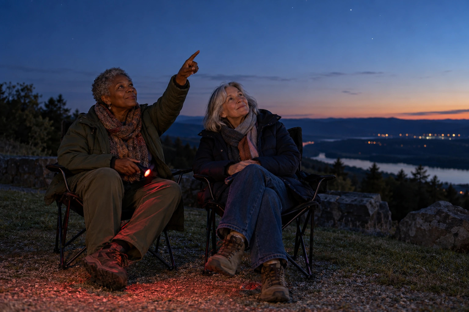 Two women in warm coats talking in folding chairs beneath an evening sky