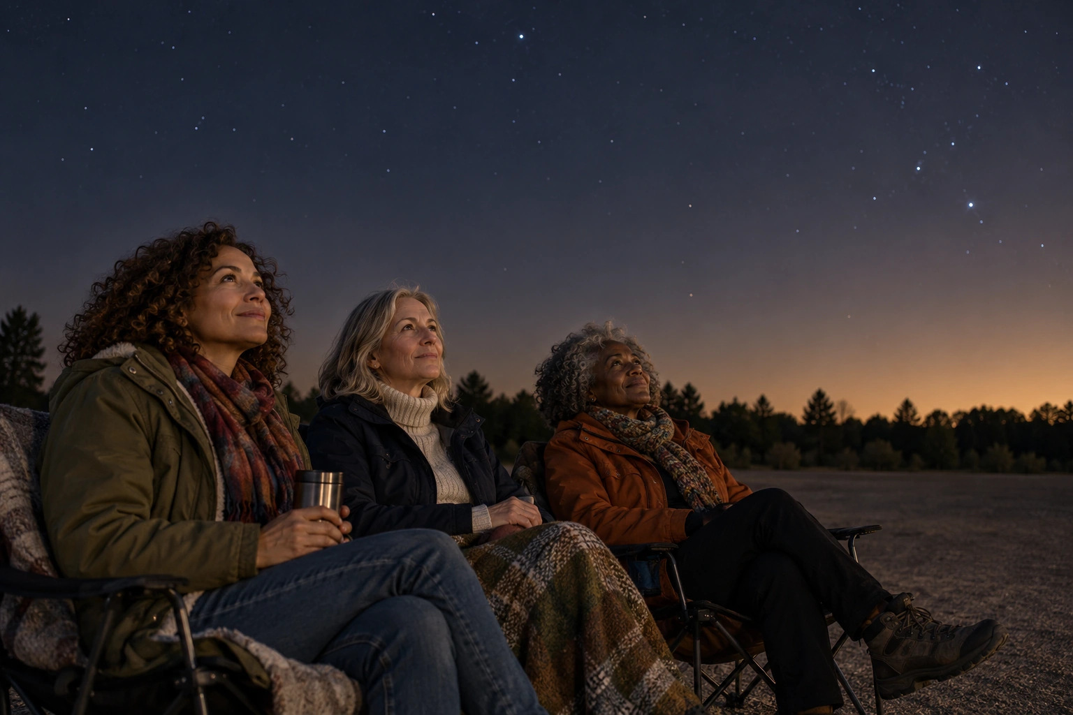 Three midlife women seated in folding chairs looking at a quiet night sky