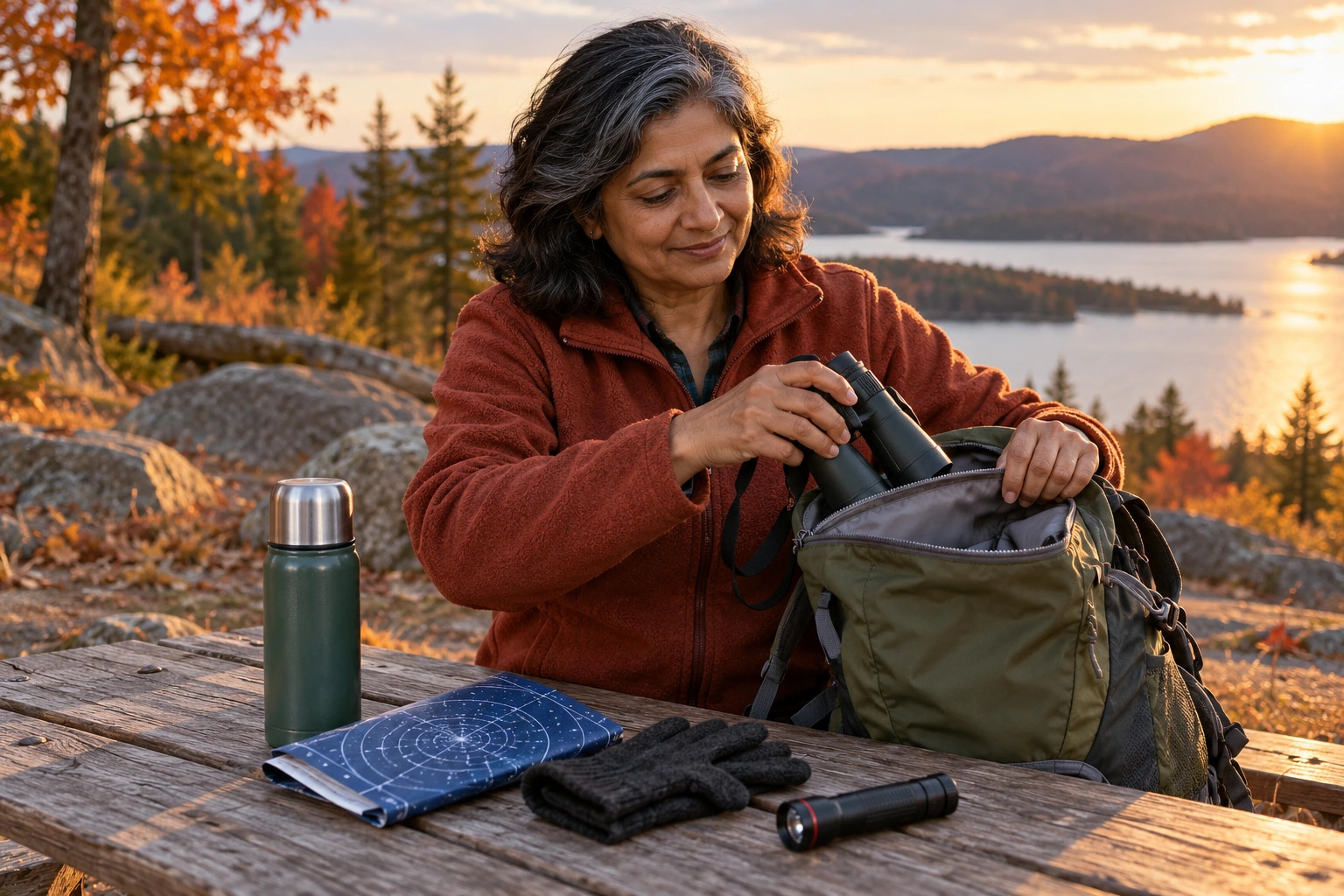 Woman packing binoculars, a thermos and warm accessories at an outdoor table