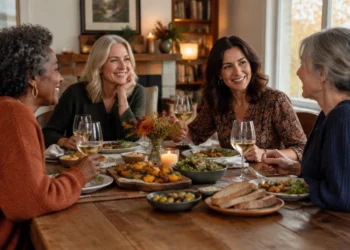 Women enjoying a relaxed dinner together at a welcoming autumn table.