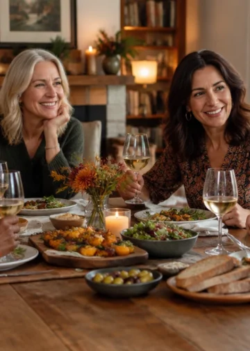 Women enjoying a relaxed dinner together at a welcoming autumn table.