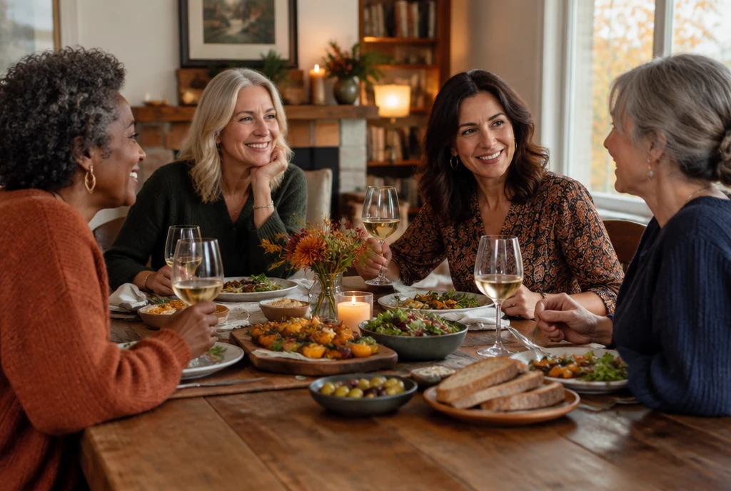 Women enjoying a relaxed dinner together at a welcoming autumn table.