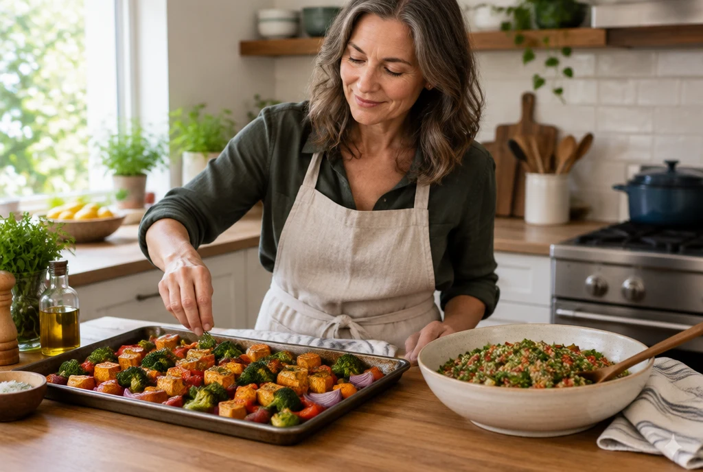 Woman preparing roasted tofu and vegetables beside a grain salad.