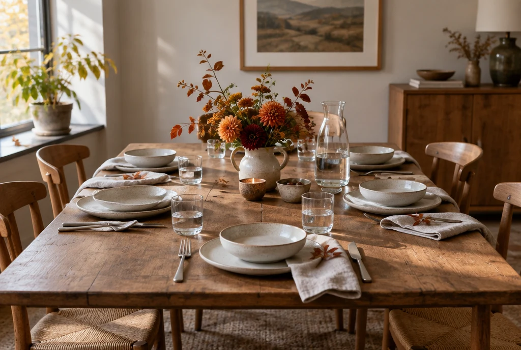 Simple dinner table set with everyday dishes, linen napkins and low flowers.