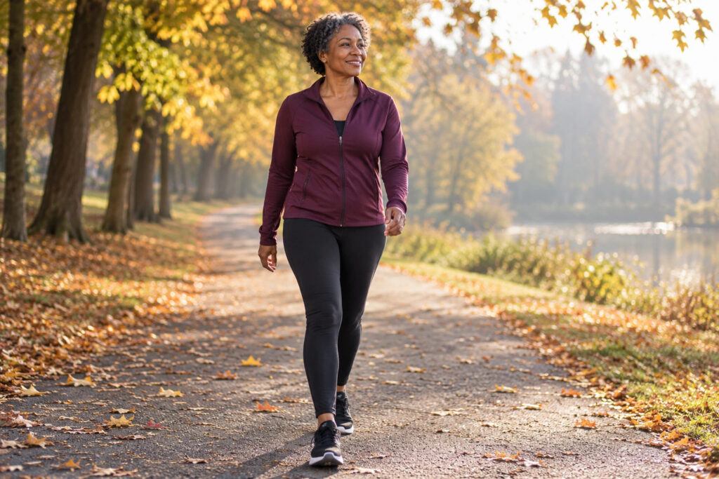 Midlife woman beginning an easy walk on a level autumn park path