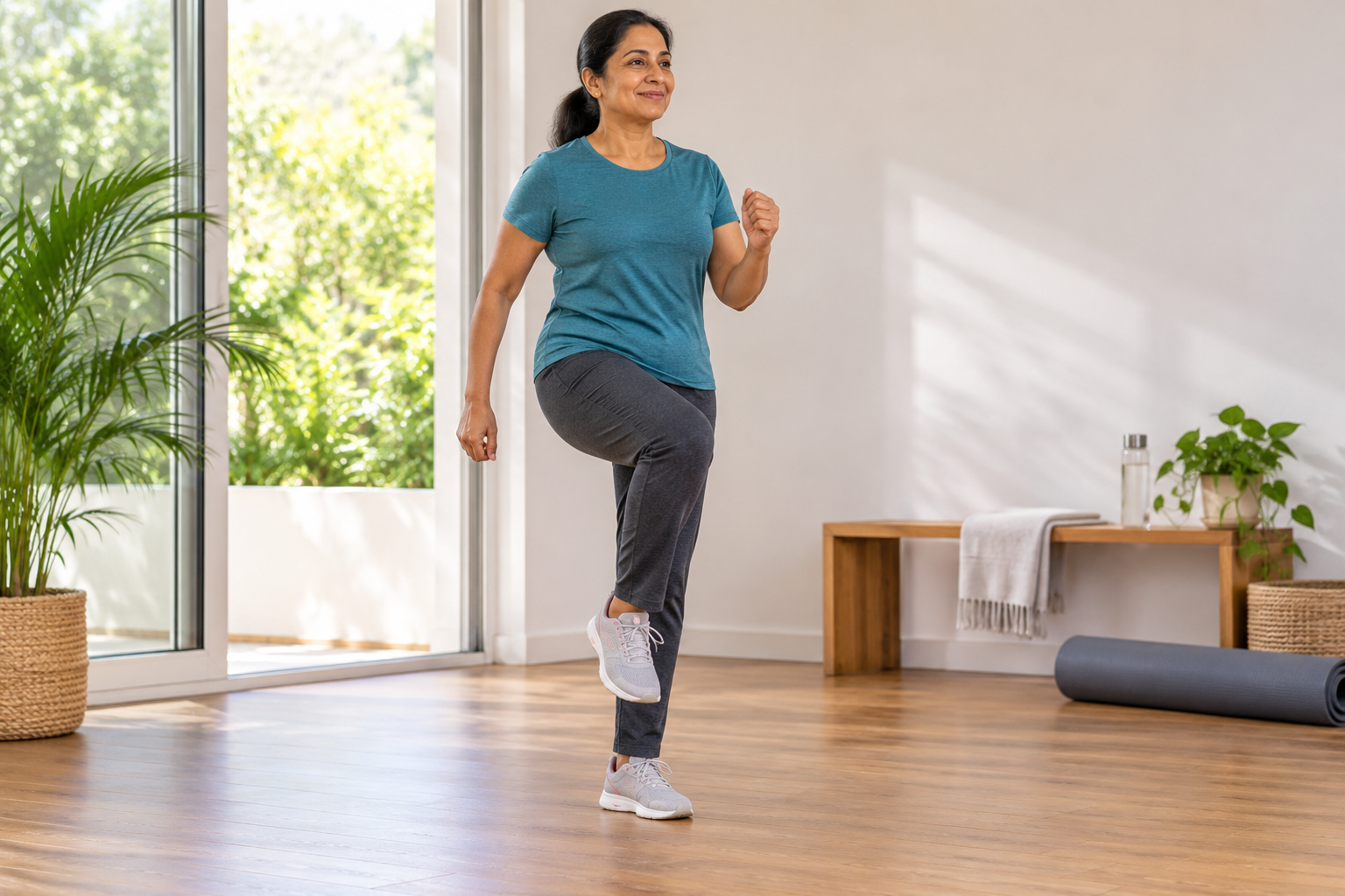 Woman marching gently on the spot in a bright home exercise space