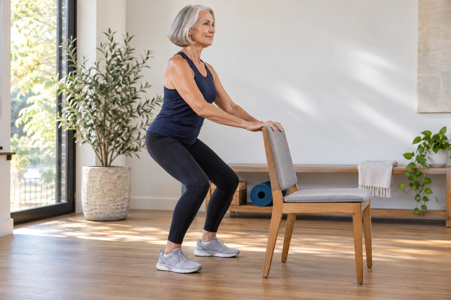 Woman practising a shallow knee bend with light support from a sturdy chair